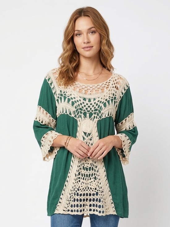 Umgee Tops - Umgee Green Crochet Lace Asymmetrical Tunic Top L